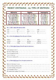 English Worksheet: Present Continuous - all types of sentences - Part I