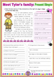 English Worksheet: Meet Tylers Family  (Simple Present)  -  Reading Comprehension leading to Writing