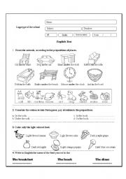 English Worksheet: English test 2 (Prepositions of places/ Food)