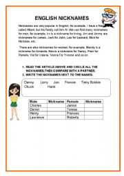 English Worksheet: ENGLISH NICKNAMES