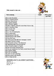 English Worksheet: Find somebody who ... ; revision of Present Simple question formation