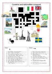 English Worksheet: countries and nationalities crossword