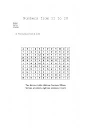English Worksheet: numbers from 1o to 20