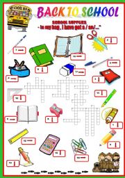 English Worksheet: back to school - school supplies-crosswords 