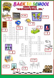 English Worksheet: back to school-school  crosswords - classroom objects