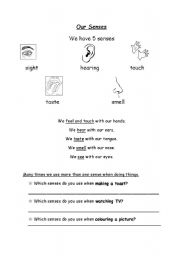 English Worksheet: My 5 senses part 1