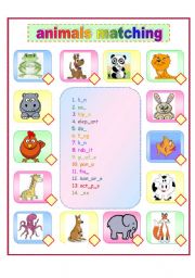 English Worksheet: Animals (spelling + matching)