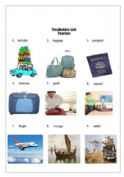 Vocabulary sheet about travel and Tourism
