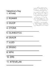 English Worksheet: Unscramble Valentines Day Words