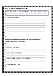 English Worksheet: CAN: AFFIRMATIVE, NEGATIVE, INTERROGATIVE