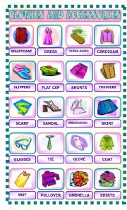 English Worksheet: CLOTHES AND ACCESSORIES PICTIONARY
