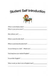 English worksheet: Student Self Introduction