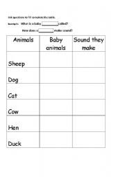 English worksheet: animals, baby animals, animal sounds