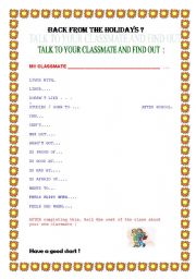 English worksheet: First day of class, new classmates