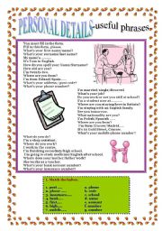 English Worksheet: PERSONAL DETAILS - useful phrases.