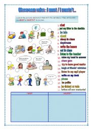 English Worksheet: classroom rules : I must , I mustnt