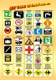 English Worksheet: AT THE STATION/SIGNS/PICTIONARY