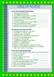 English Worksheet: USES OF NOUNS - EXERCISES