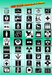 English Worksheet: AT THE HOSPITAL/SIGNS/PICTIONARY/3 PAGES