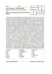 English Worksheet: WORDSEARCH: MEANS OF TRANSPORT