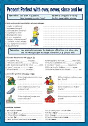 English Worksheet: Present Perfect with ever, never, since, for