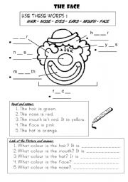 THE FACE : Complete, colour & answer.