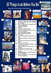 English Worksheet: 20 Things to do before you die (worksheet #1)