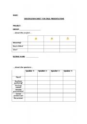 English Worksheet: Observation Sheet for Oral Presentations and Self Evaluation Sheet