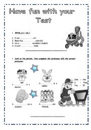 Test for beginners  (a/ an), Pronouns and Verb to be ( 2 pages )