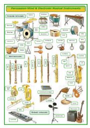 English Worksheet: Percussion-wind and electronic musical instruments-pictionary