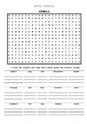 English Worksheet: Animals Word Search