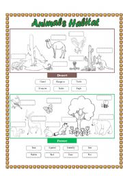 English Worksheet: Animals Habitat (desert - forest) - Cut and paste part 2