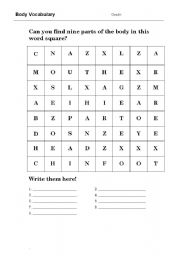 English worksheet: Body Vocabulary word search