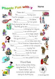 English Worksheet: 3 Magic pages of Phonic Fun with y: worksheet, dialogue and key (#27)