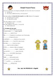 English Worksheet: Review SIMPLE PRESENT and PRONOUNS!