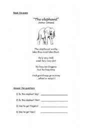 English worksheet: Poem: The elephant