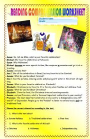 English Worksheet: READING COMPREHENSION ABOUT CELEBRATIONS