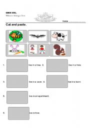 English worksheet: where things live cut and paste
