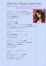 English Worksheet: Girls Just Wanna Have Fun! -Miley Cyrus-