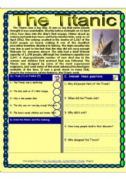 English Worksheet: Reading comprehension test. ( The Titanic) Theme ( DISASTERS)