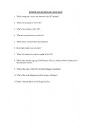 English Worksheet: EUROPE AND EUROPEAN UNION QUIZ