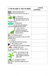 English worksheet: Dinosaurs Unscramble the words