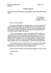 English Worksheet: an example of writing letter to a prof. (formal letter)