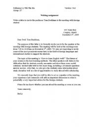 English worksheet: an example of writing letter to a prof. (formal letter)