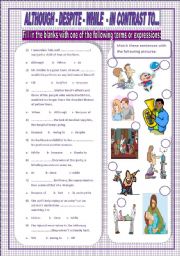 English Worksheet: although, despite, while, in contrast to.....