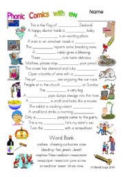 English Worksheet: 3 pages of Phonic Comics with ew: worksheet, comic dialogue and key (#30)