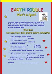 English Worksheet: EARTH RIDDLE WITH KEY