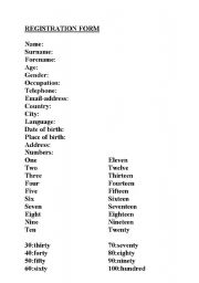 English Worksheet: beginner registration form, plus numbers