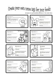 English Worksheet: Create a name tag for your books and practice personal information 