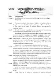 English worksheet: Reading Comprehension & Usage_Unit 2/3